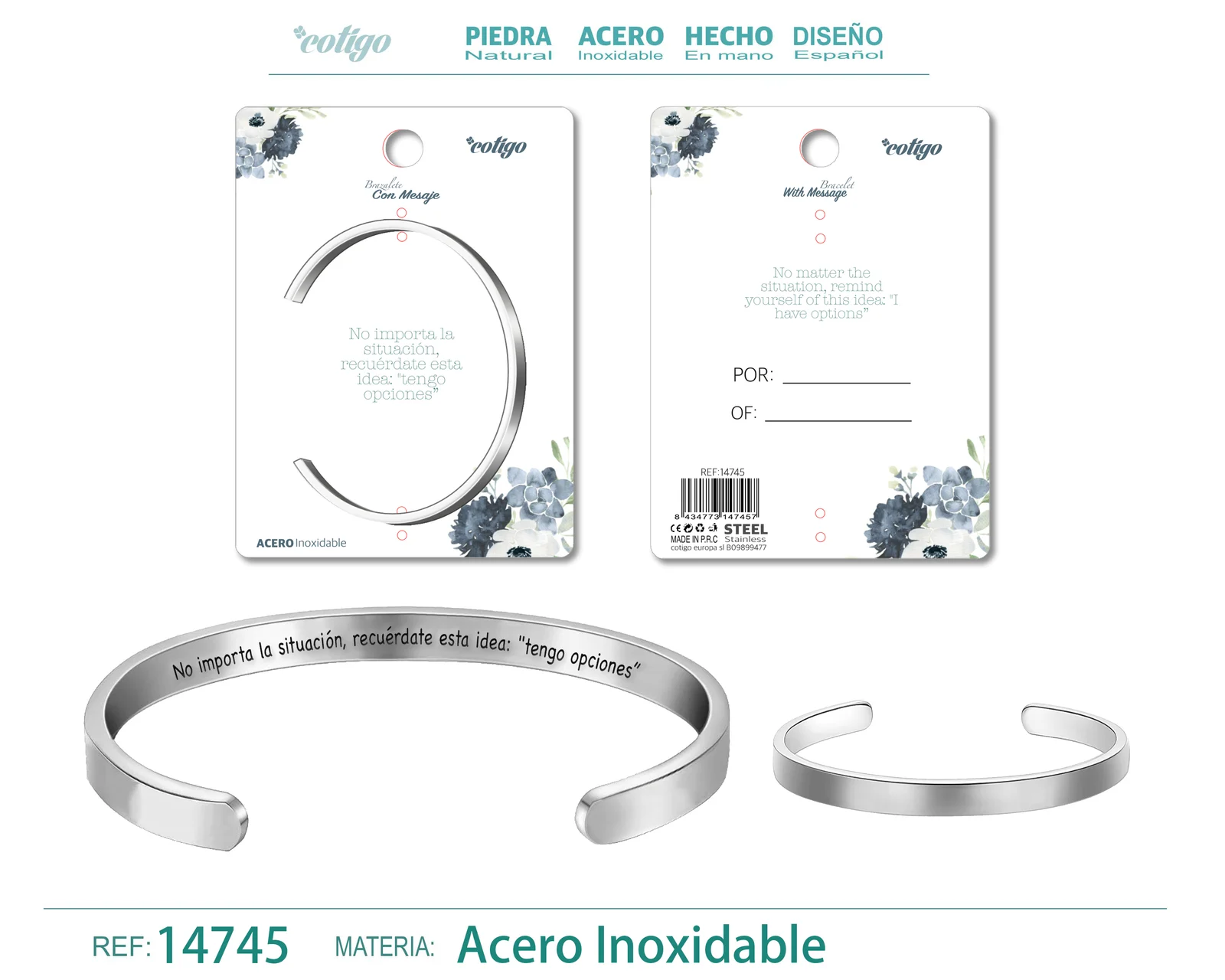 BRAZALETE ACERO CON MENSAJE ESPAÑOL