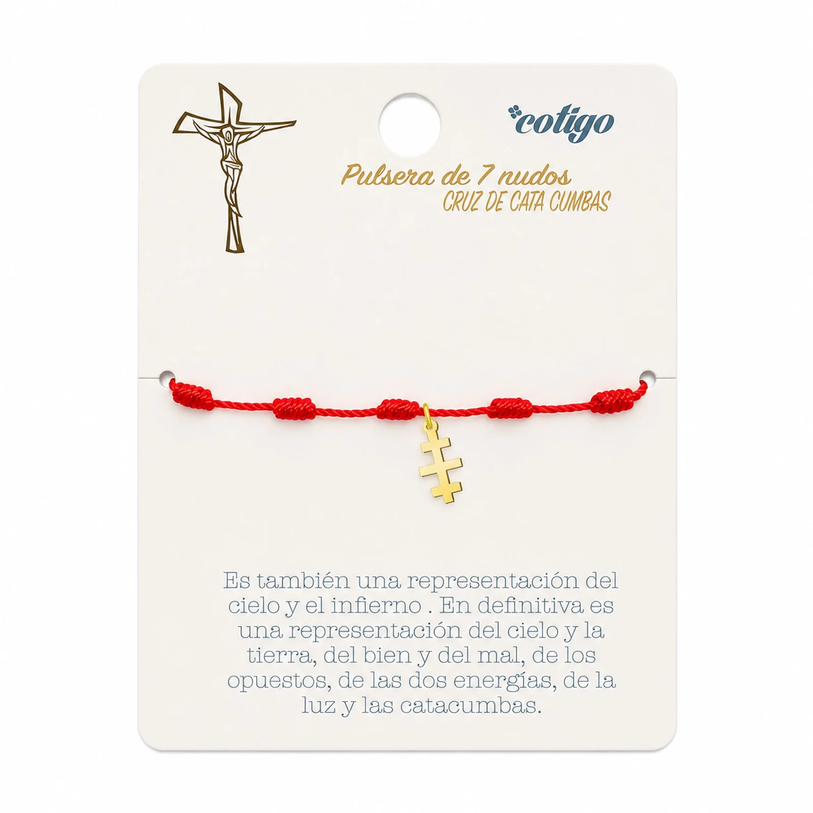 PULSERA 7 NUDOS CON CRUZ DE CATA CUMBAS COLOR DORADO