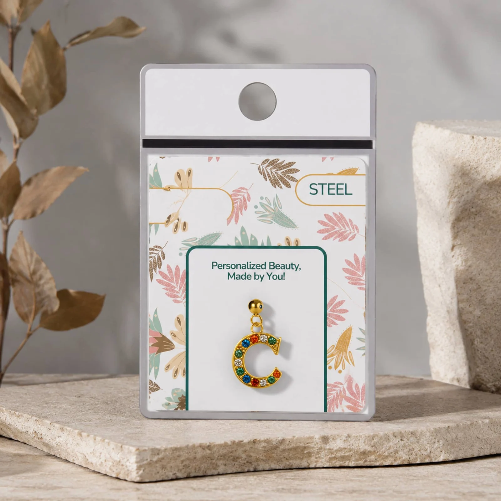 CHARM DE LETRA C ACERO COLOR DORADO CON CIRCONITA-CON BOLA DE GOMA