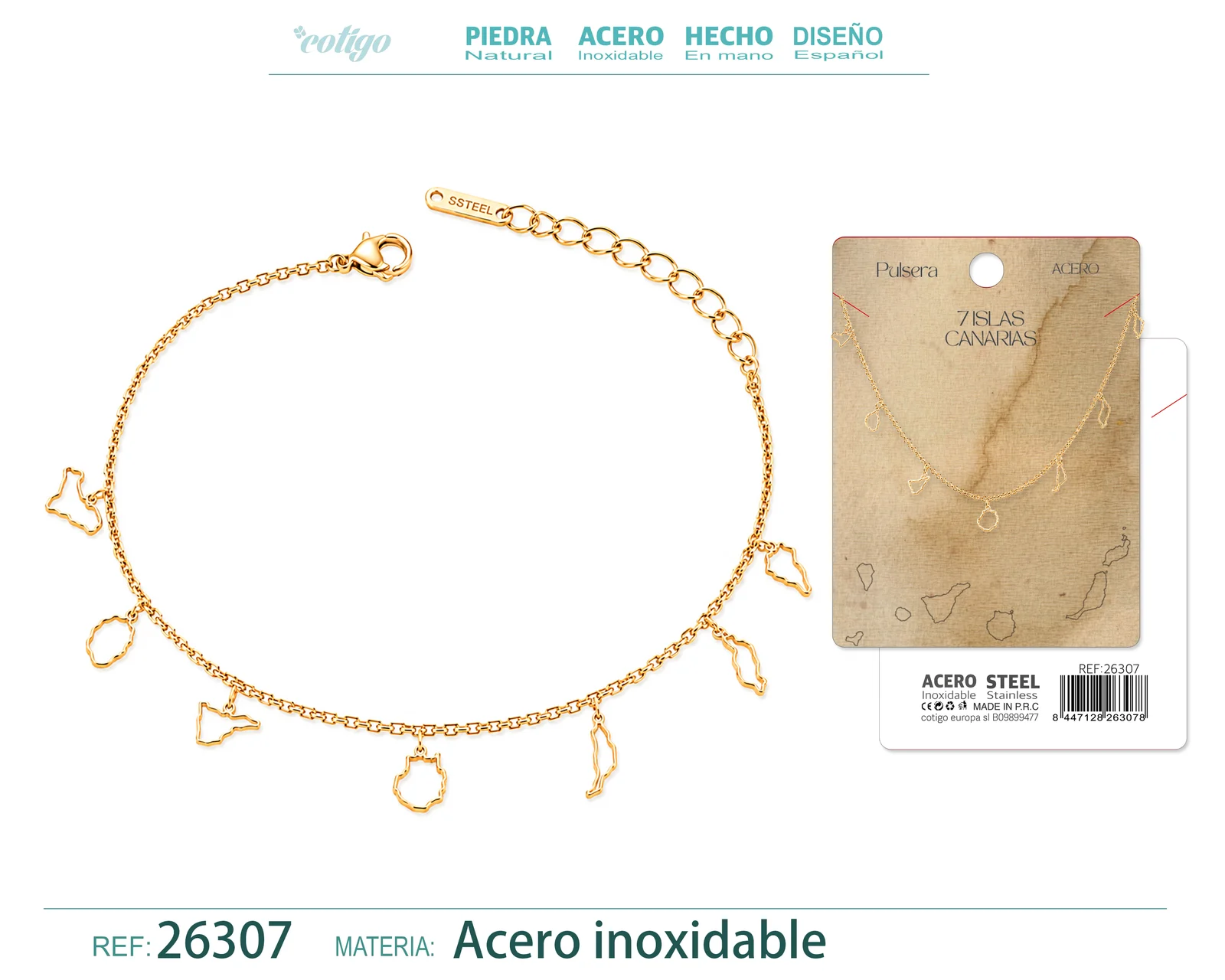 Pulsera 7 Islas de Canarias Acero Inoxidable Color Dorado