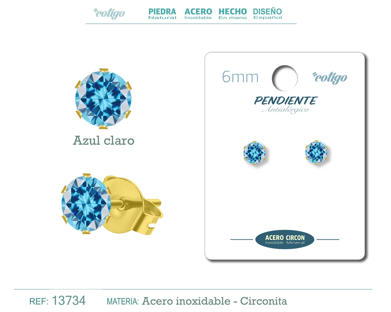 PENDIENTE CIRCONITA REDONDO-AZUL CLARO-6MM-BASE ACERO DORADO