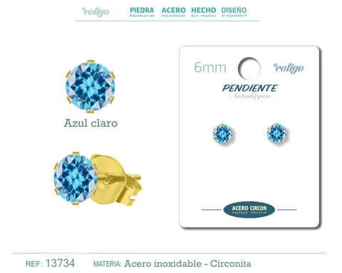 PENDIENTE CIRCONITA REDONDO-AZUL CLARO-6MM-BASE ACERO DORADO
