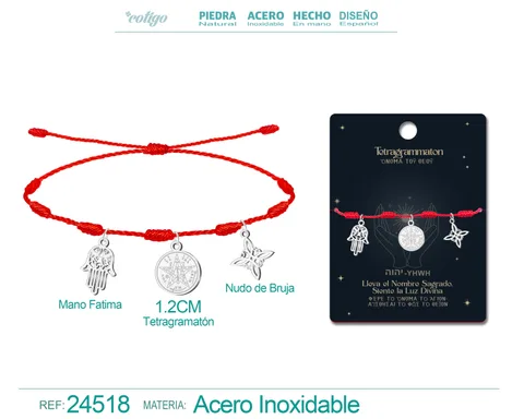 PULSERA 7 NUDOS CON TETRAGRAMMATON  NUDO DE BRUJA Y MANO FATIMA ACERO PLATEADO