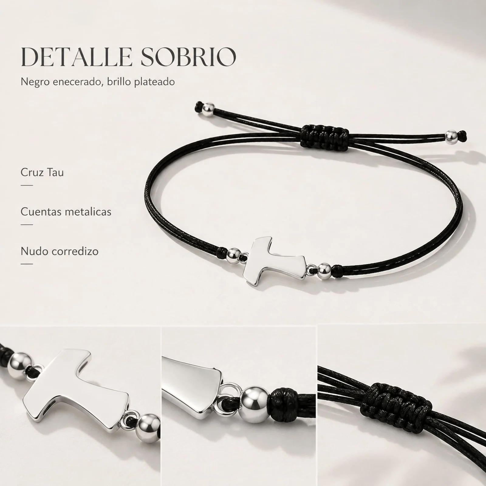 PULSERA CRUZ TAU PLATEADO DE HILO EN.NEGRO