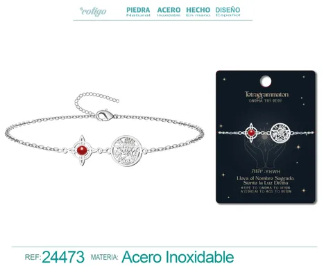 PULSERA TETRAGRAMATÓN CON NUDO DE BRUJA ACERO INOXIDABLE Y PIEDRA CARNEOLA