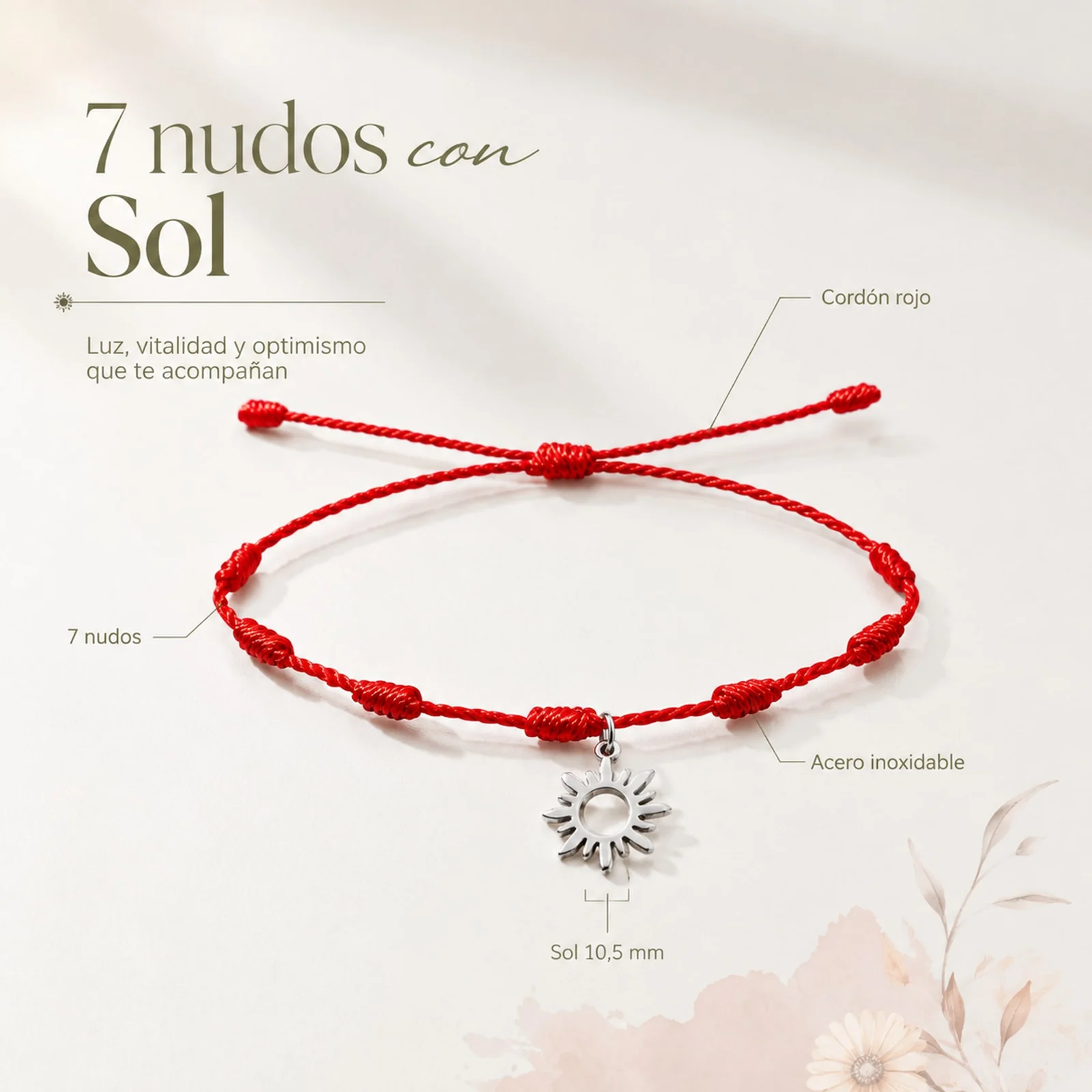 PULSERA 7 NUDOS CON SOL COLOR PLATEADO