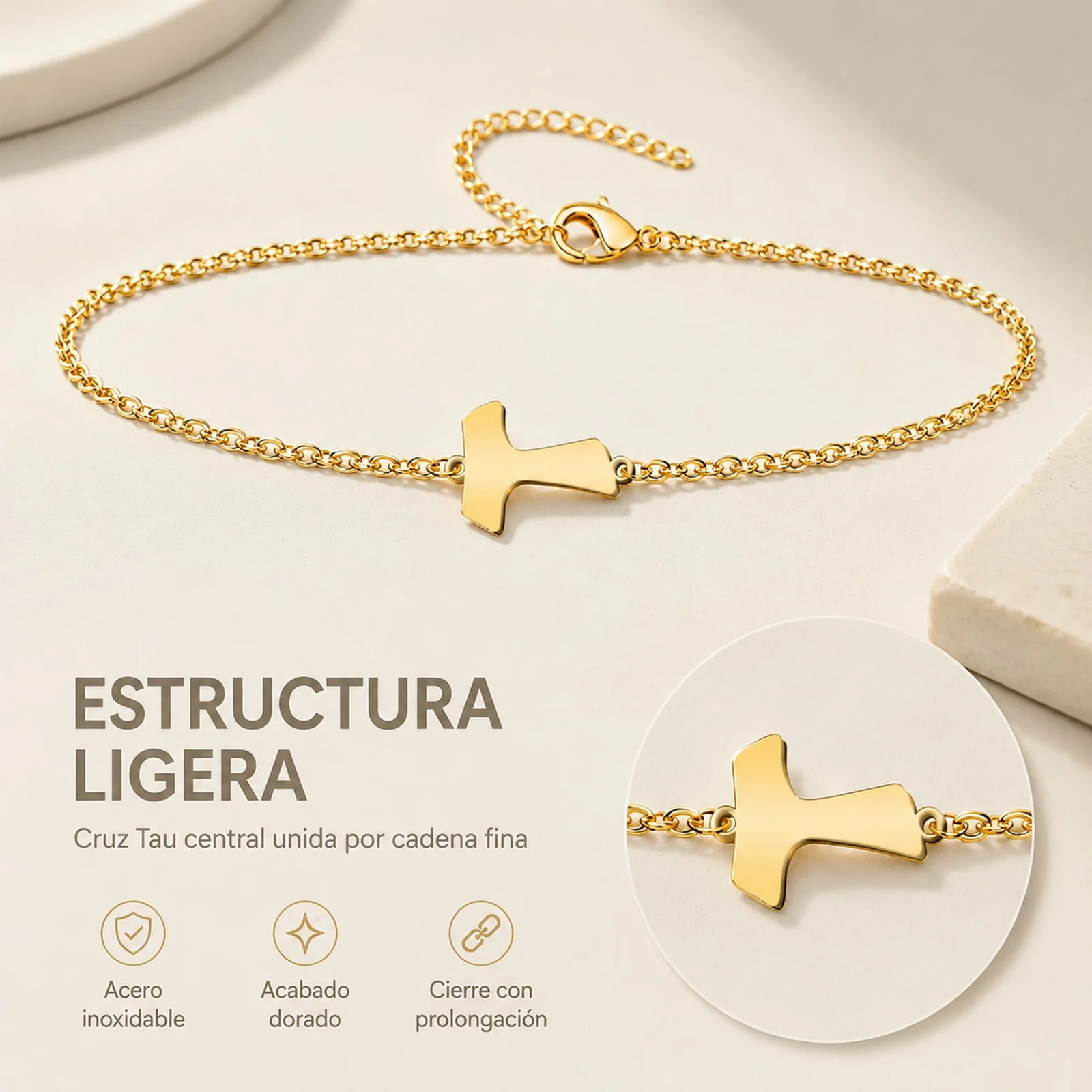 PULSERA CRUZ TAUACERO DORADO