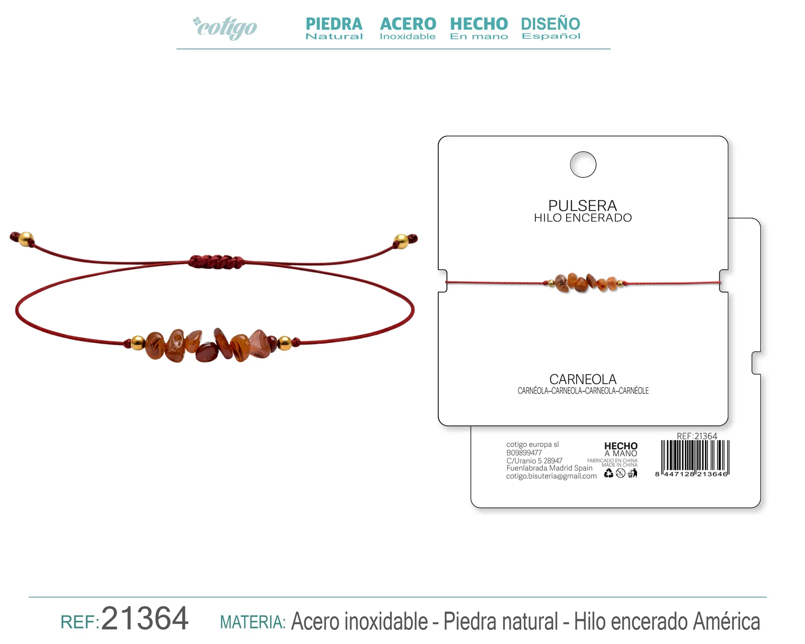 PULSERA HILO ENCERADO CON CARNEOLA