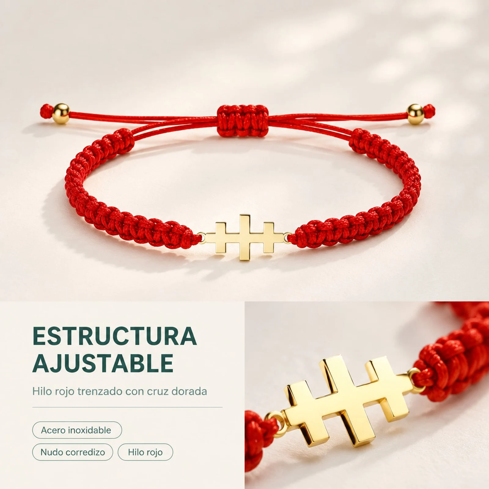 PULSERA HILO DESTINO  CON CRUZ CATACUMBAS ACERO DORADO