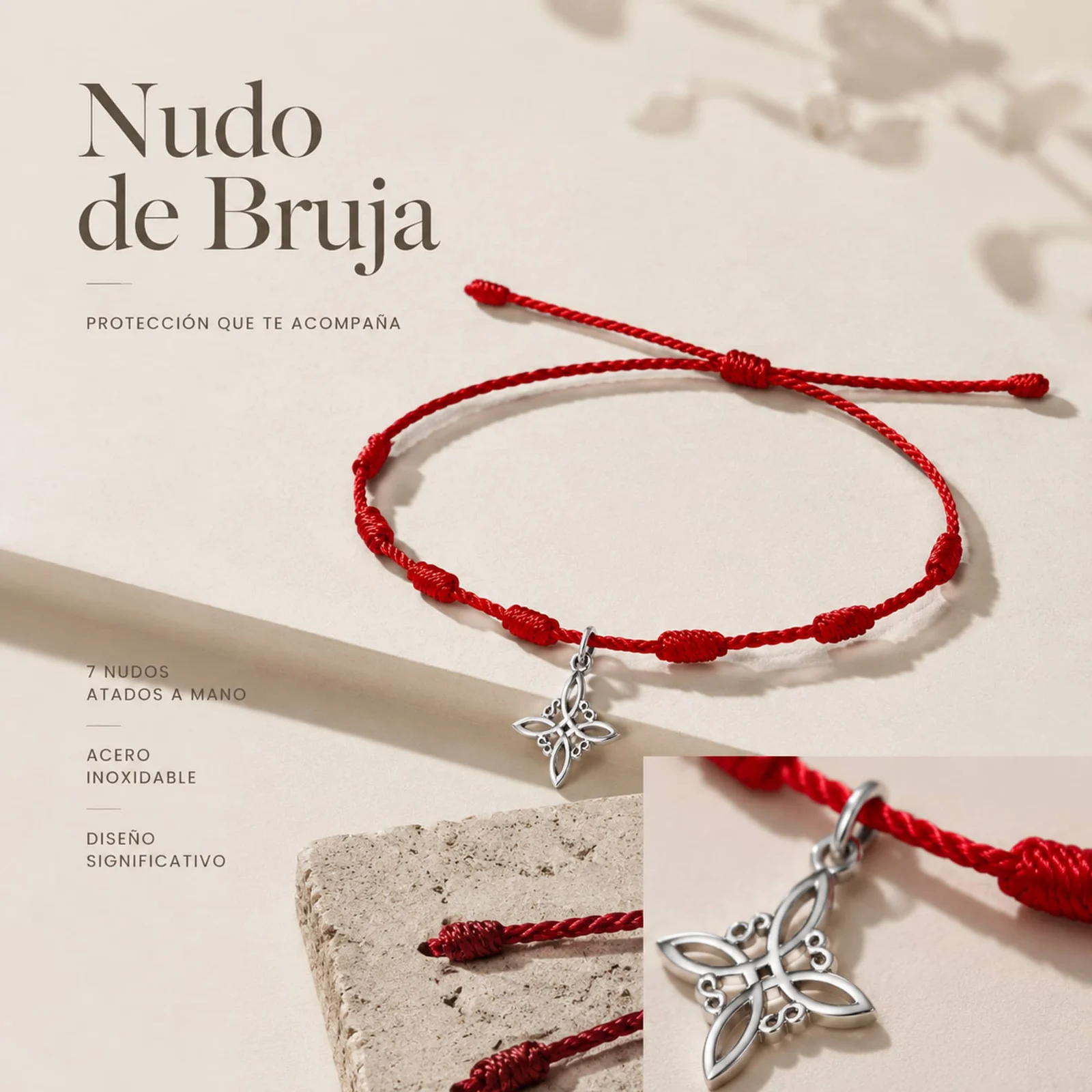 PULSERA 7 NUDOS CON NUDO DE BRUJA ACERO PLATEADO