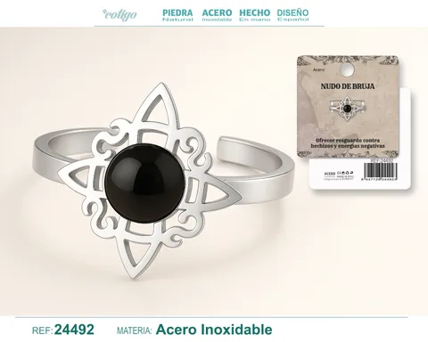 ANILLO NUDO DE BRUJA ACERO PLATEADO CON AGATA NEGRA