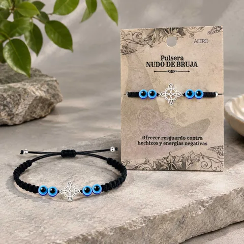 PULSERA HILO DESTINO CON OJO DE TURCO YNUDO DE BRUJA ACERO PLATEADO