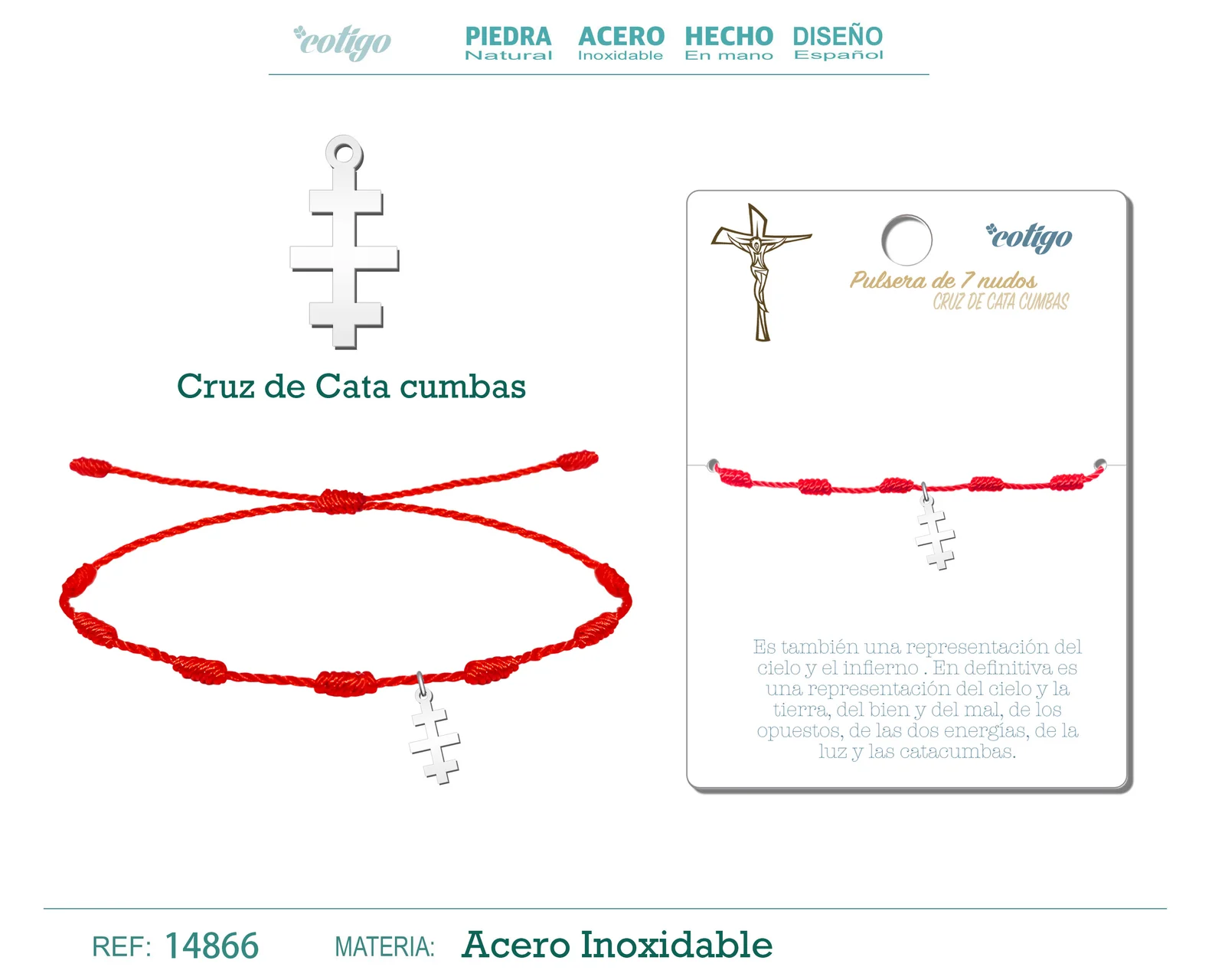 PULSERA 7 NUDOS CON CRUZ DE CATA CUMBAS COLOR PLATEADO