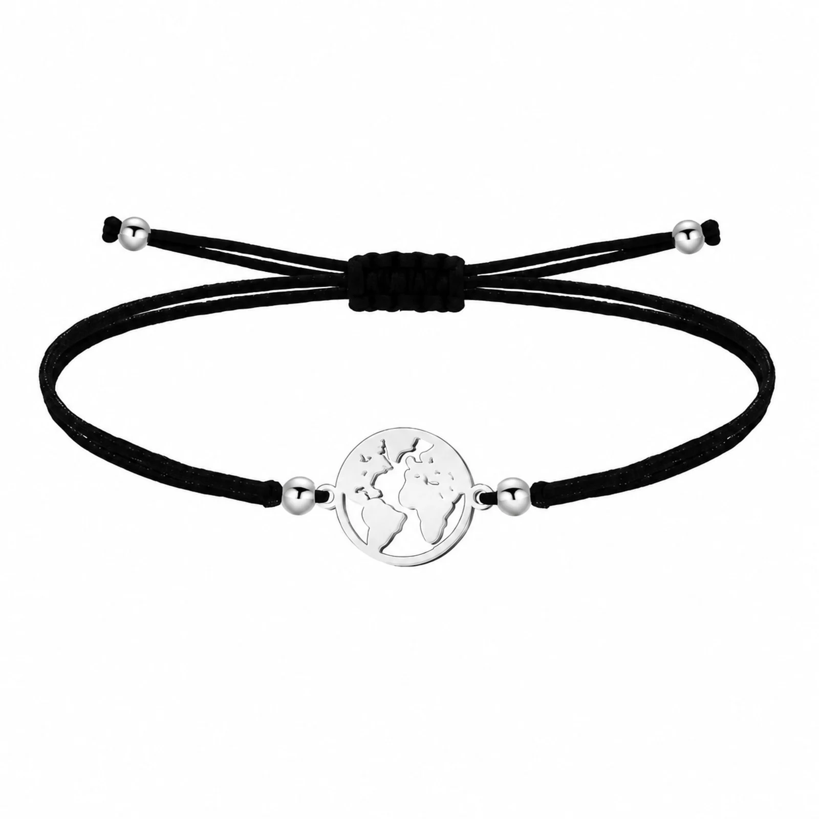 PULSERA MAPA DE MUNDO PLATEADO DE HILO EN.NEGRO