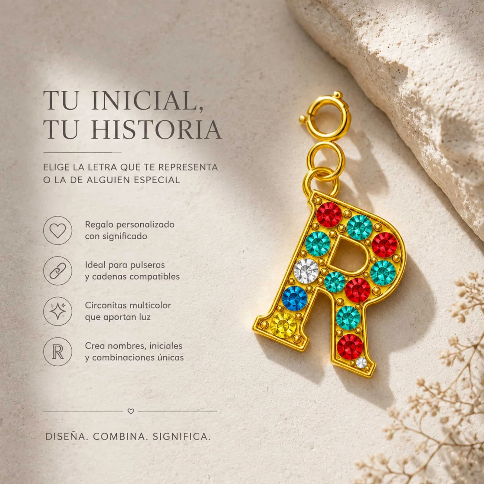 CHARM DE LETRA R ACERO COLOR DORADO CON CIRCONITA-CON CIERRE