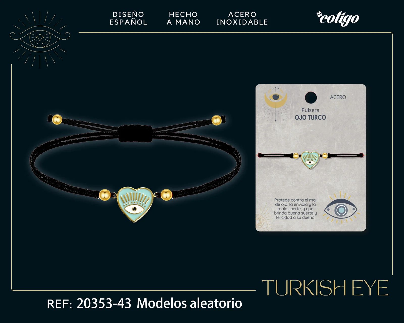 Pulsera Hilo encerado Negro CON OJO TURCO Dorado