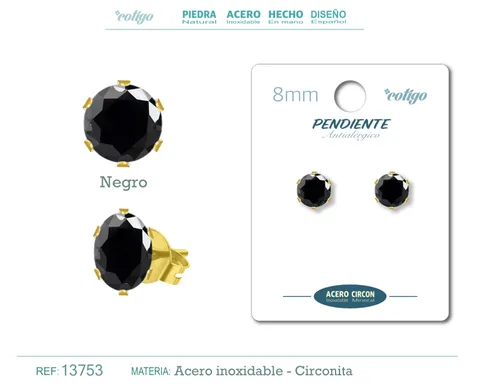 PENDIENTE CIRCONITA REDONDO-NEGRO-8MM-BASE ACERO DORADO