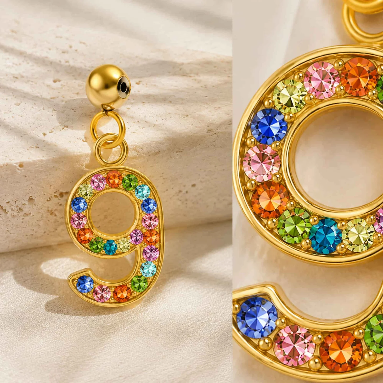 CHARM DE NÚMERO 9 ACERO COLOR DORADO CON CIRCONITA-CON BOLA DE GOMA