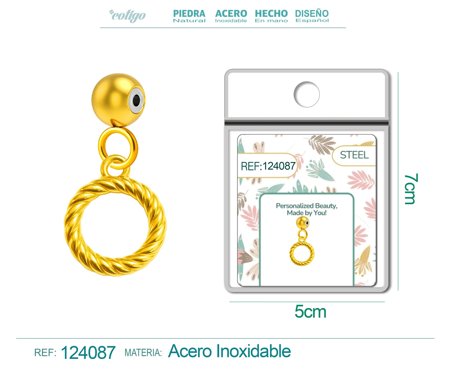 CHARM ACERO DORADO CHAPADO ORO 14 K-CON BOLA DE GOMA