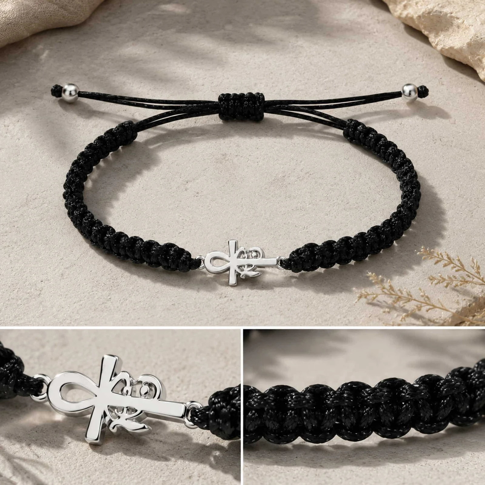 PULSERA HILO DESTINO  CON CRUZ EGIPCIA Y OJO HORUS ACERO PLATEADO