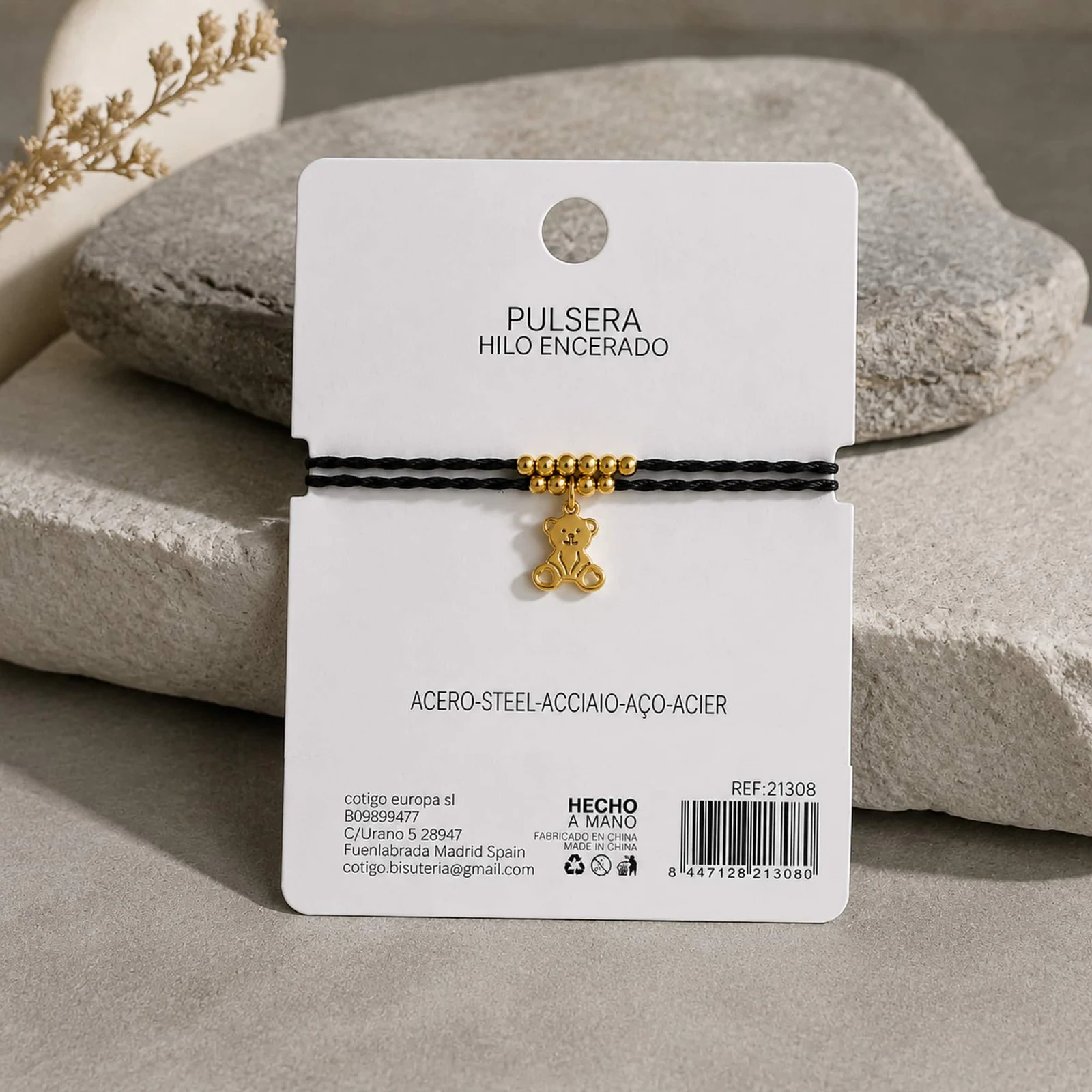 PULSERA HILO ENCERADO CON COLGANTE OSO ACERO DORADO