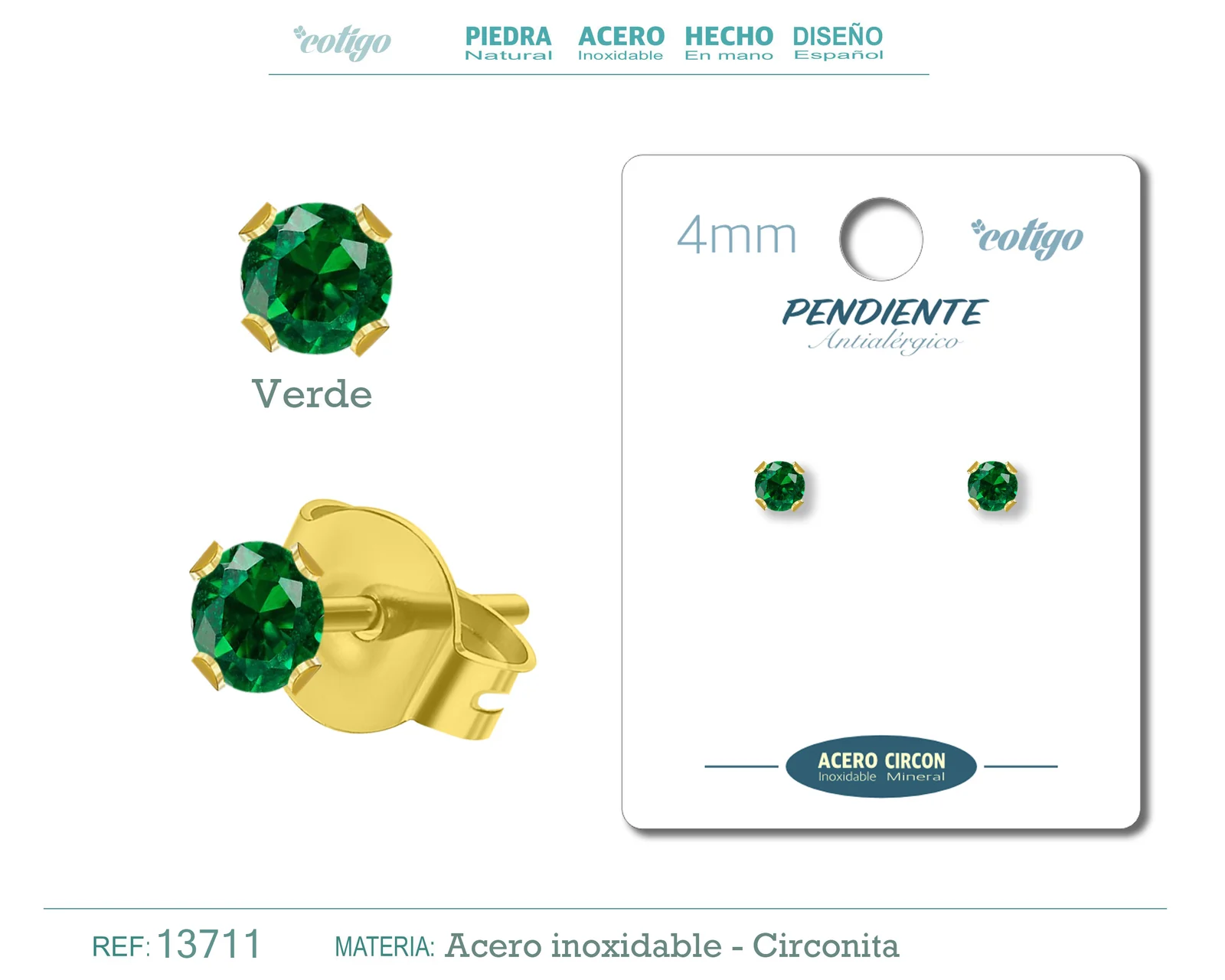 PENDIENTE CIRCONITA REDONDO-VERDE-4MM-BASE ACERO DORADO
