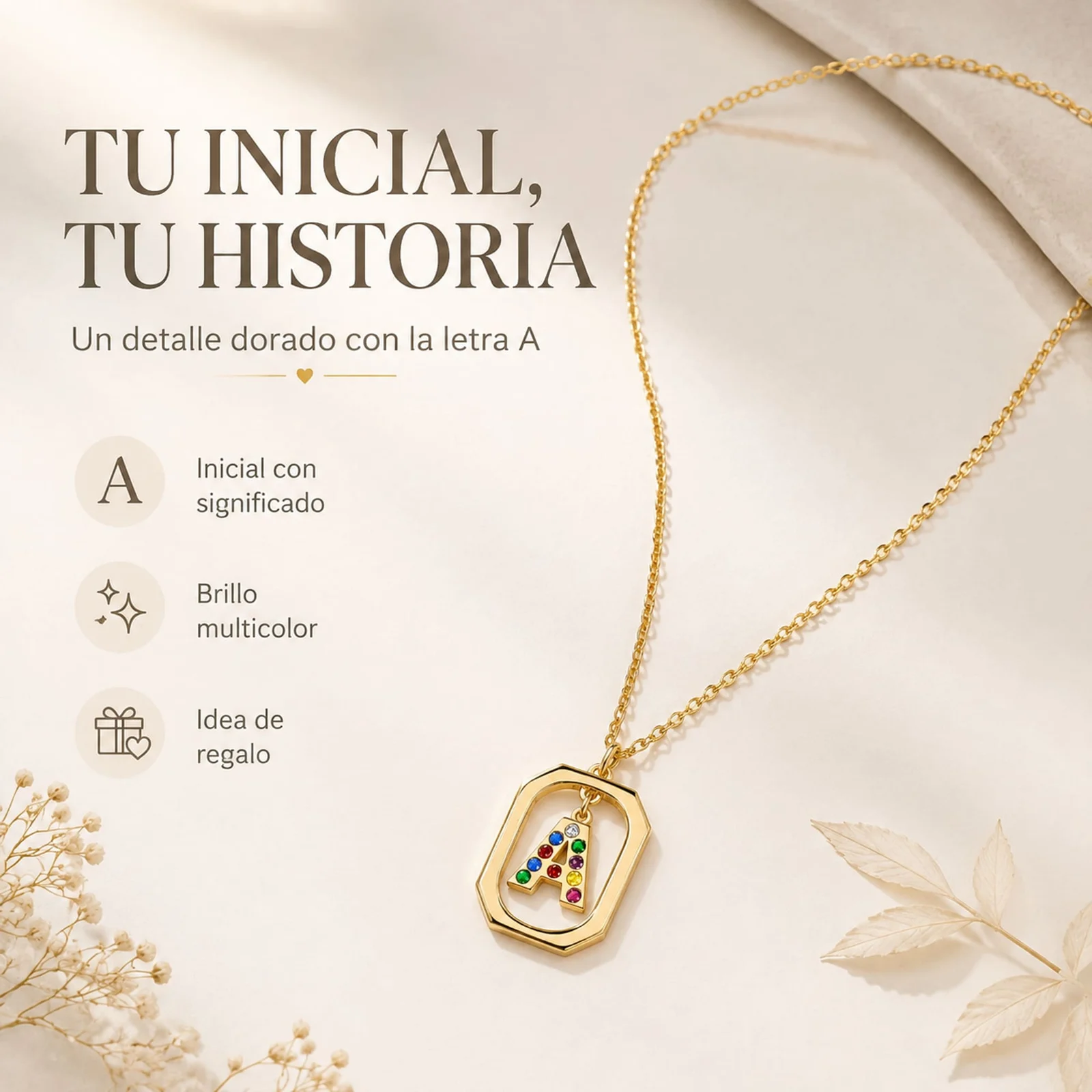 COLLAR INICIAL LETRA A ACERO CON SOBRE