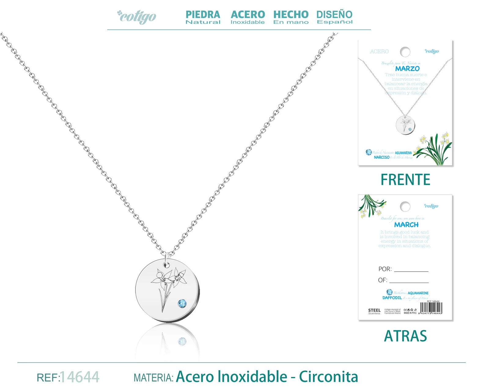 COLLAR ACERO PARA NACIMIENTO DE MARZO PLATEADO