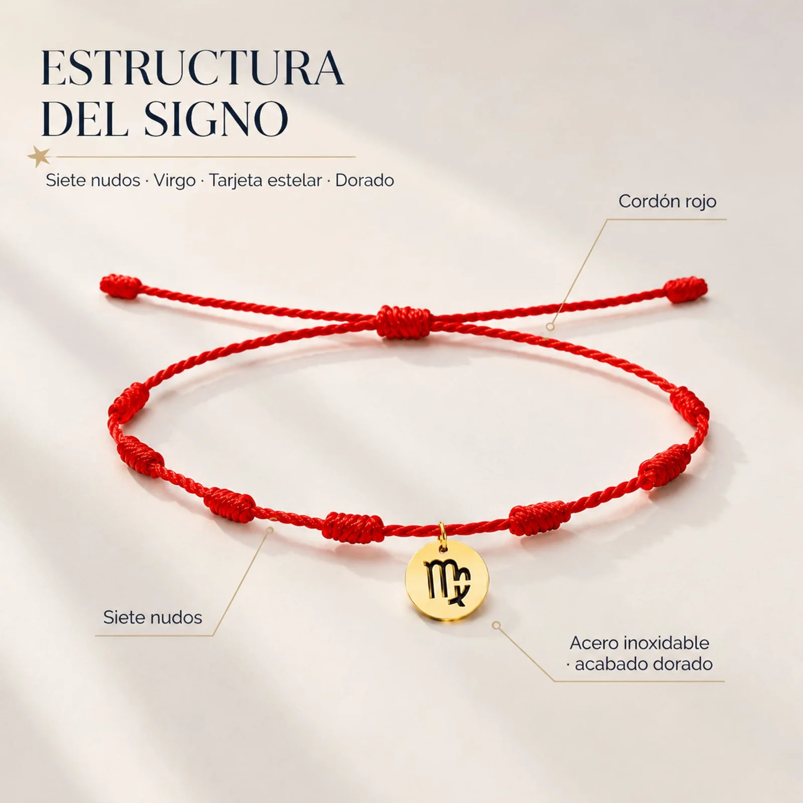 PULSERA 7 NUDOS CON VIRGO ACERO. COLOR DORADO