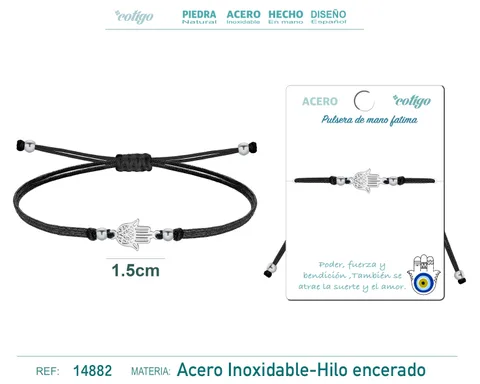 PULSERA HILO ENCERADO NEGRO-MANO FATIMA PLATEADO