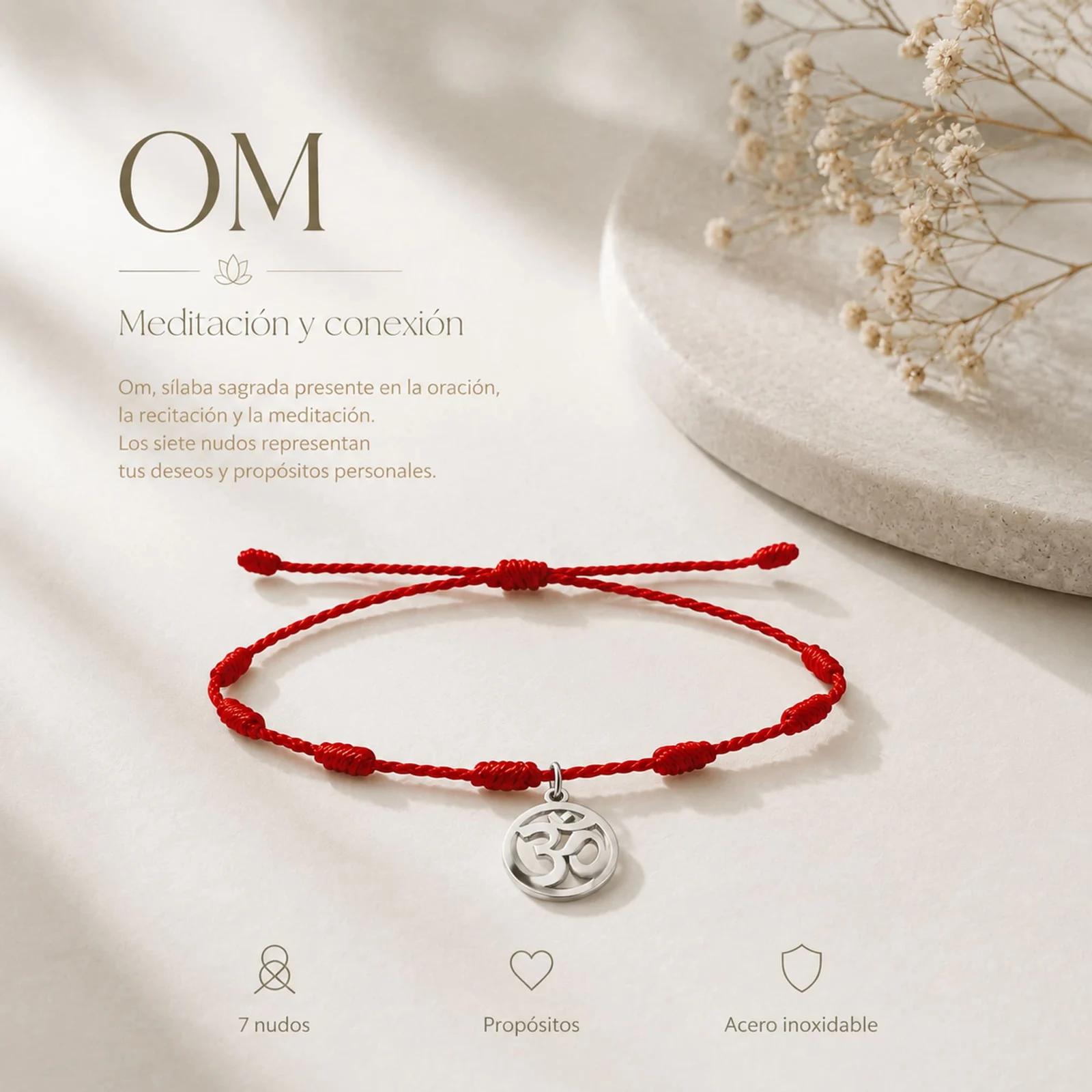 PULSERA 7 NUDOS CON SÍMBOLO OM COLOR PLATEADO