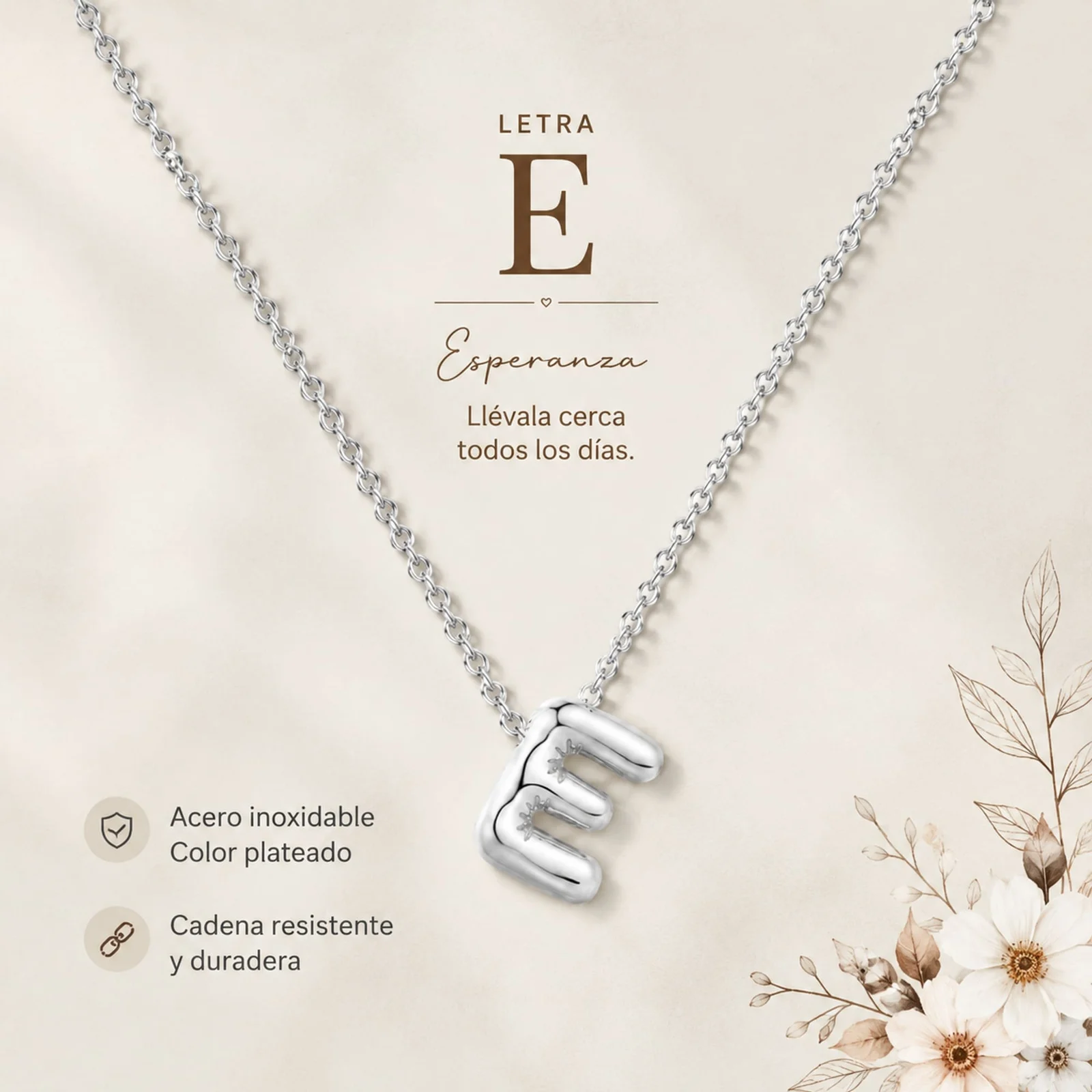 COLLAR INICIAL LETRA E ACERO CON SOBRE