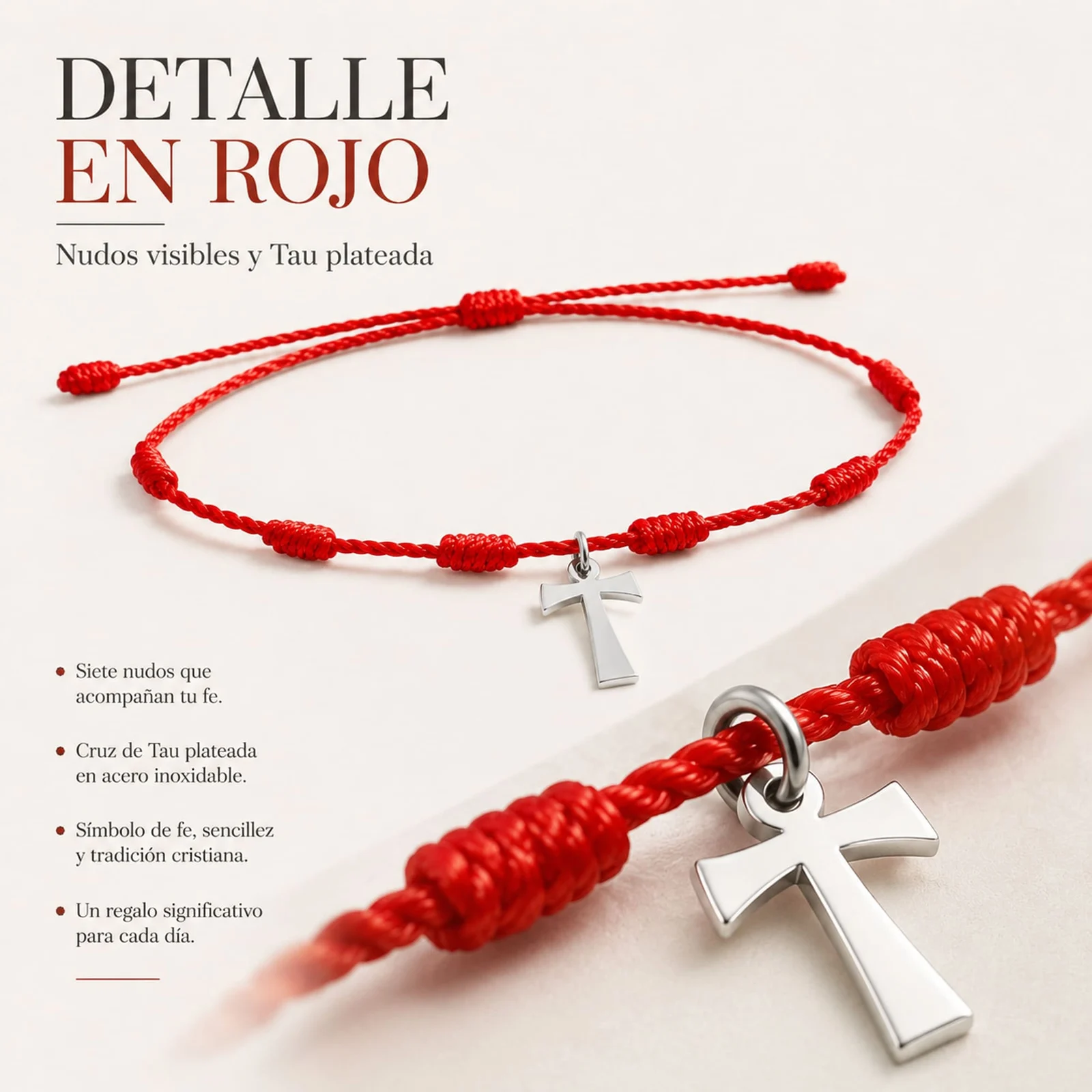 PULSERA 7 NUDOS CON CRUZ DE TAU COLOR PLATEADO