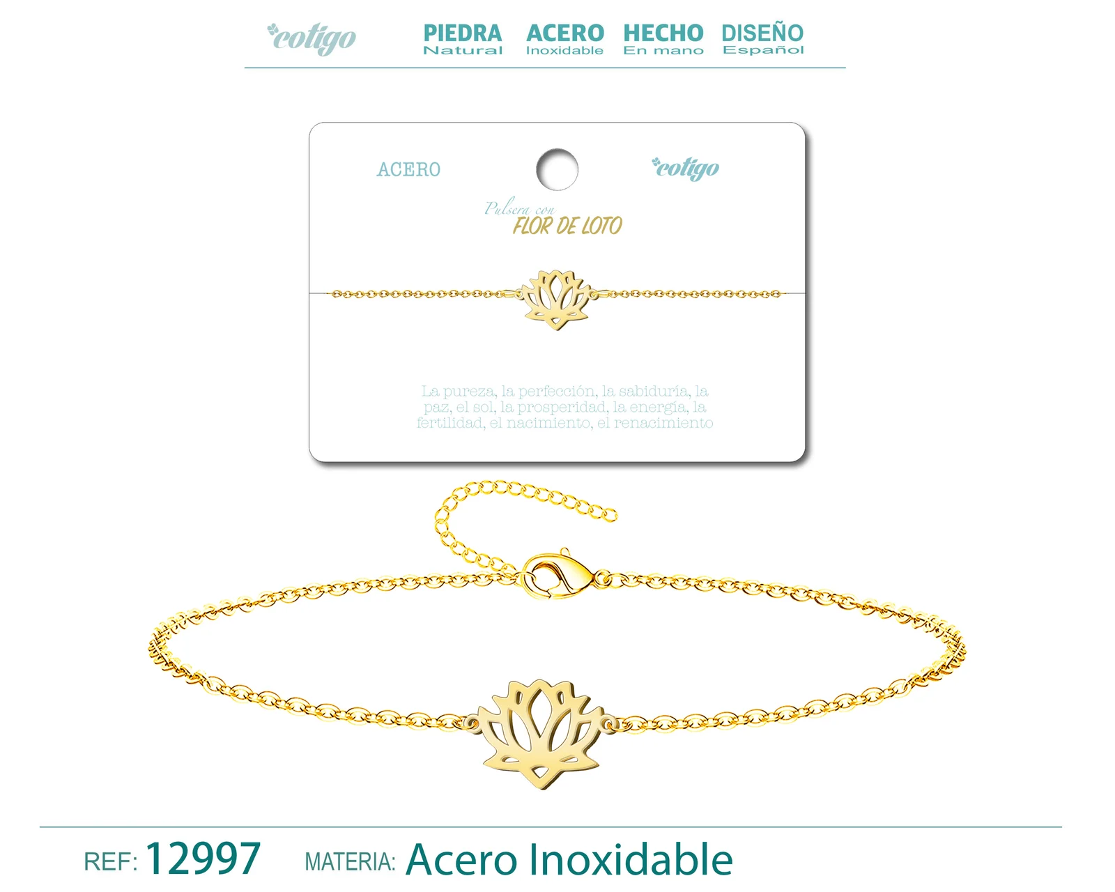 PULSERA FLOR DE LOTOACERO DORADO