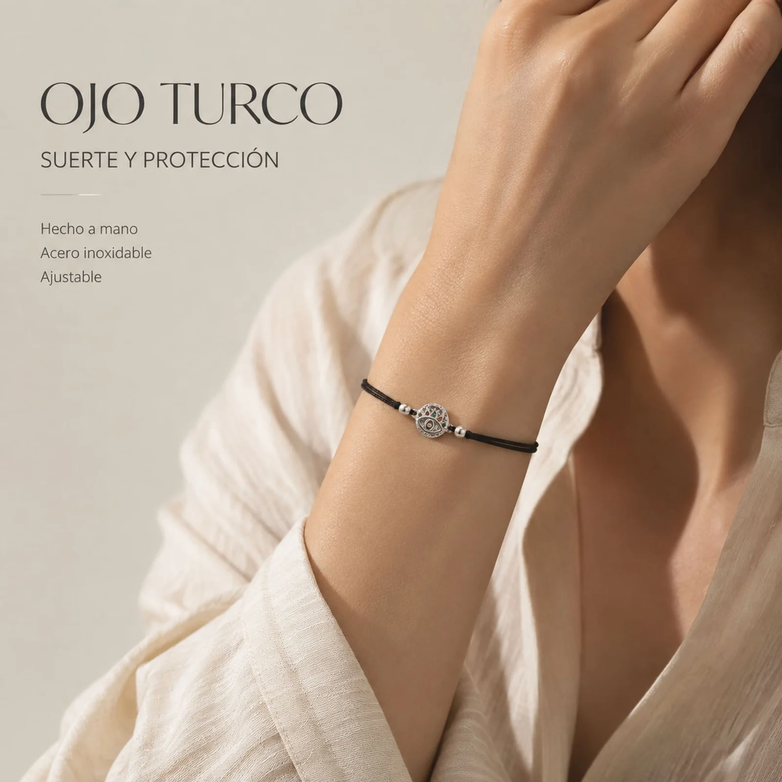 Pulsera Hilo encerado Negro CON OJO TURCO Plateado