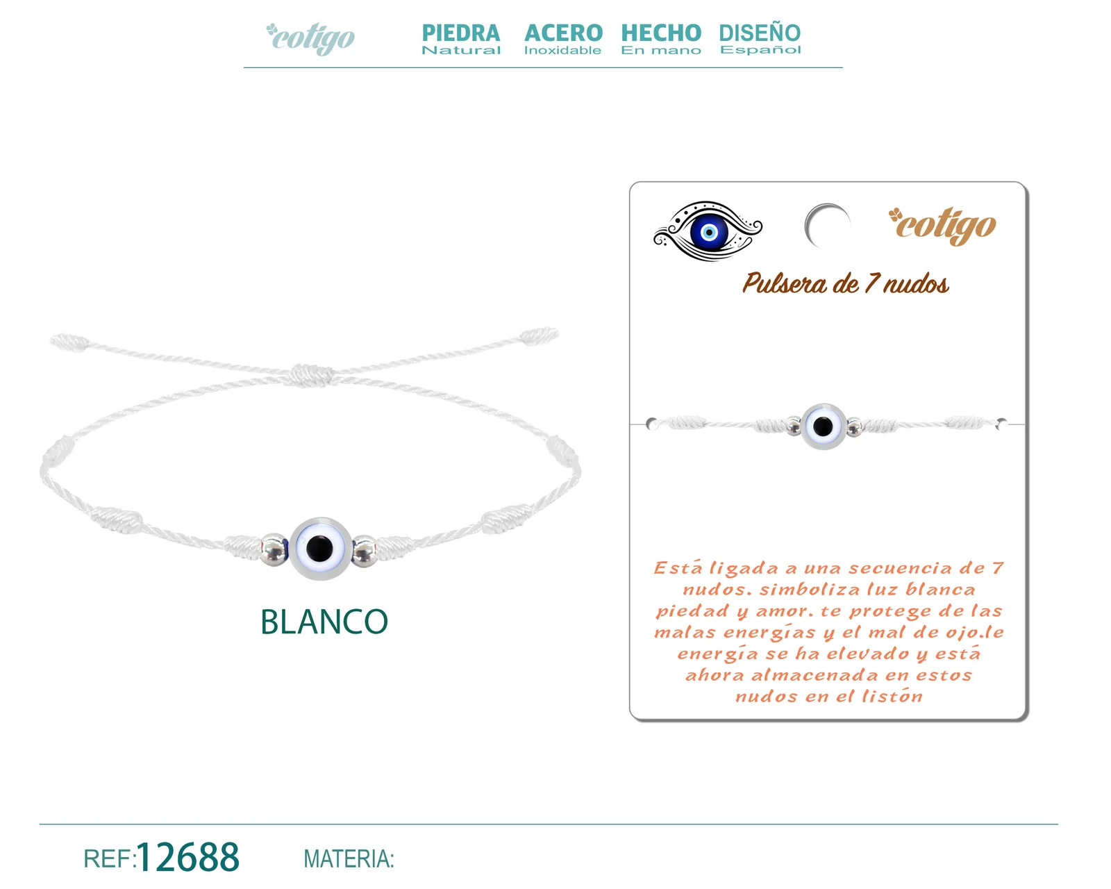 PULSERA 7 NUDOS BLANCO CON OJO TURCO