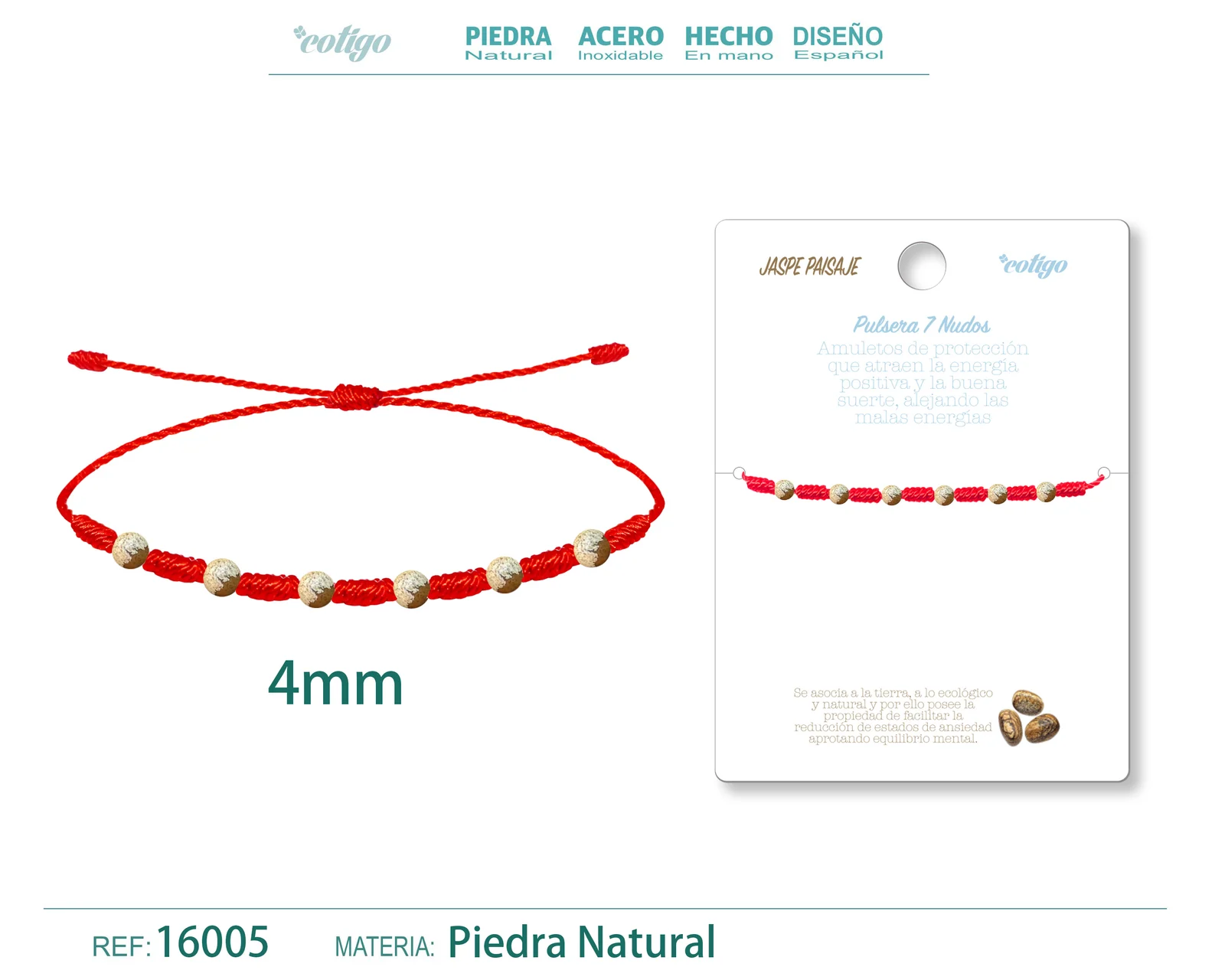 PULSERA 7 NUDOS CON  JASPE PAISAJE 4MM
