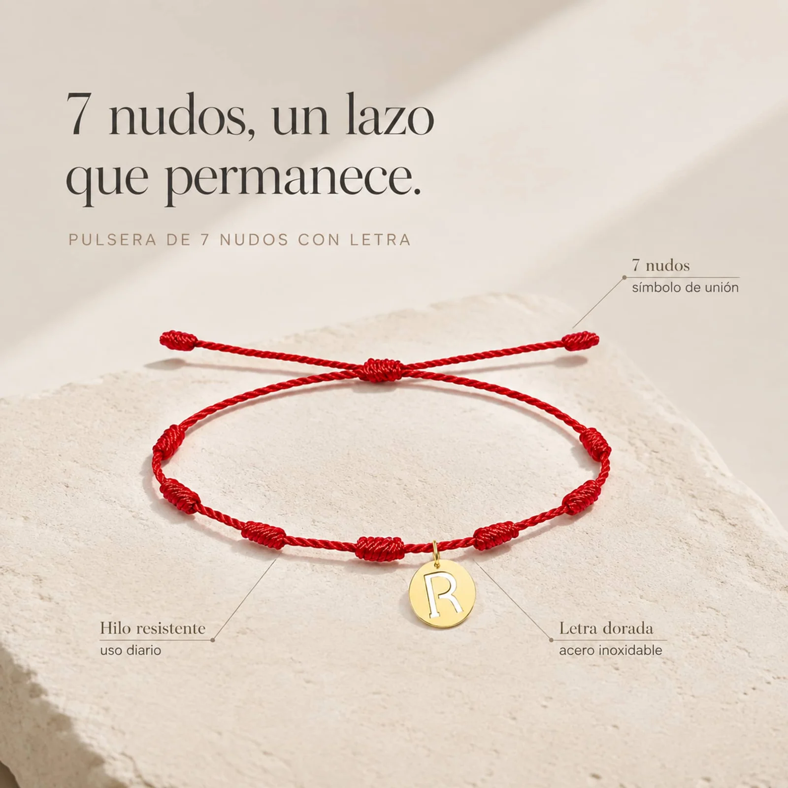 PULSERA 7 NUDOS CON LETRA R COLOR DORADO