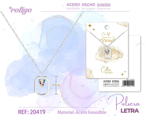 COLLAR LETRA V PLATEADO CON CIRCONITAS