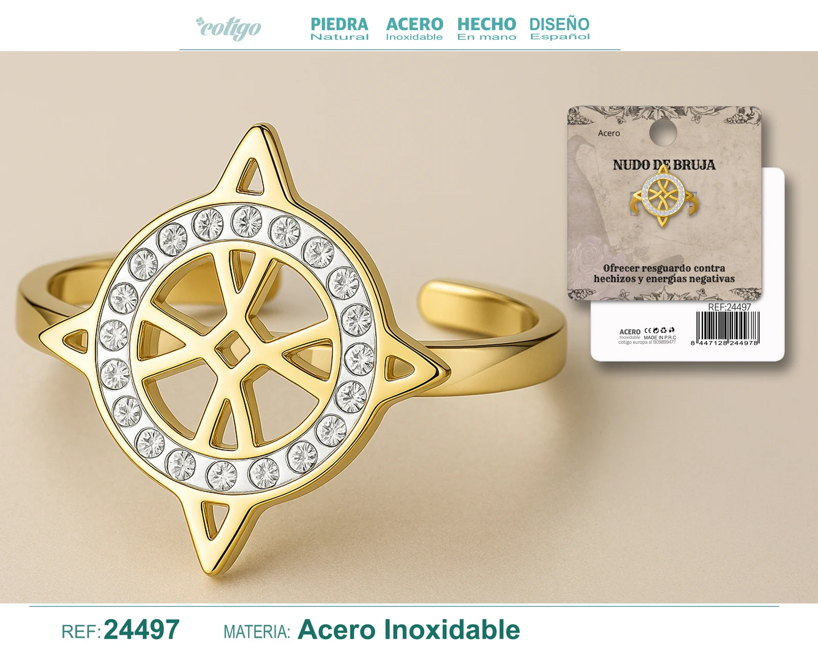 ANILLO NUDO DE BRUJA ACERO DORADO CON CIRCONITA