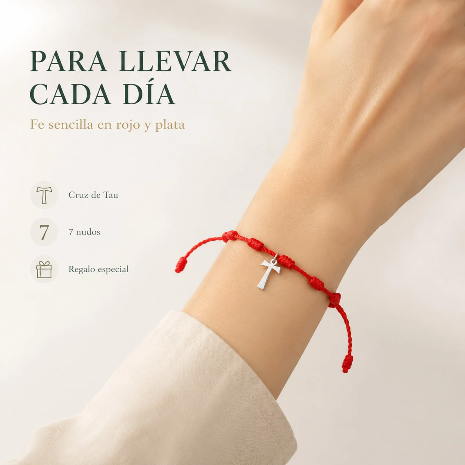 PULSERA 7 NUDOS CON CRUZ DE TAU COLOR PLATEADO