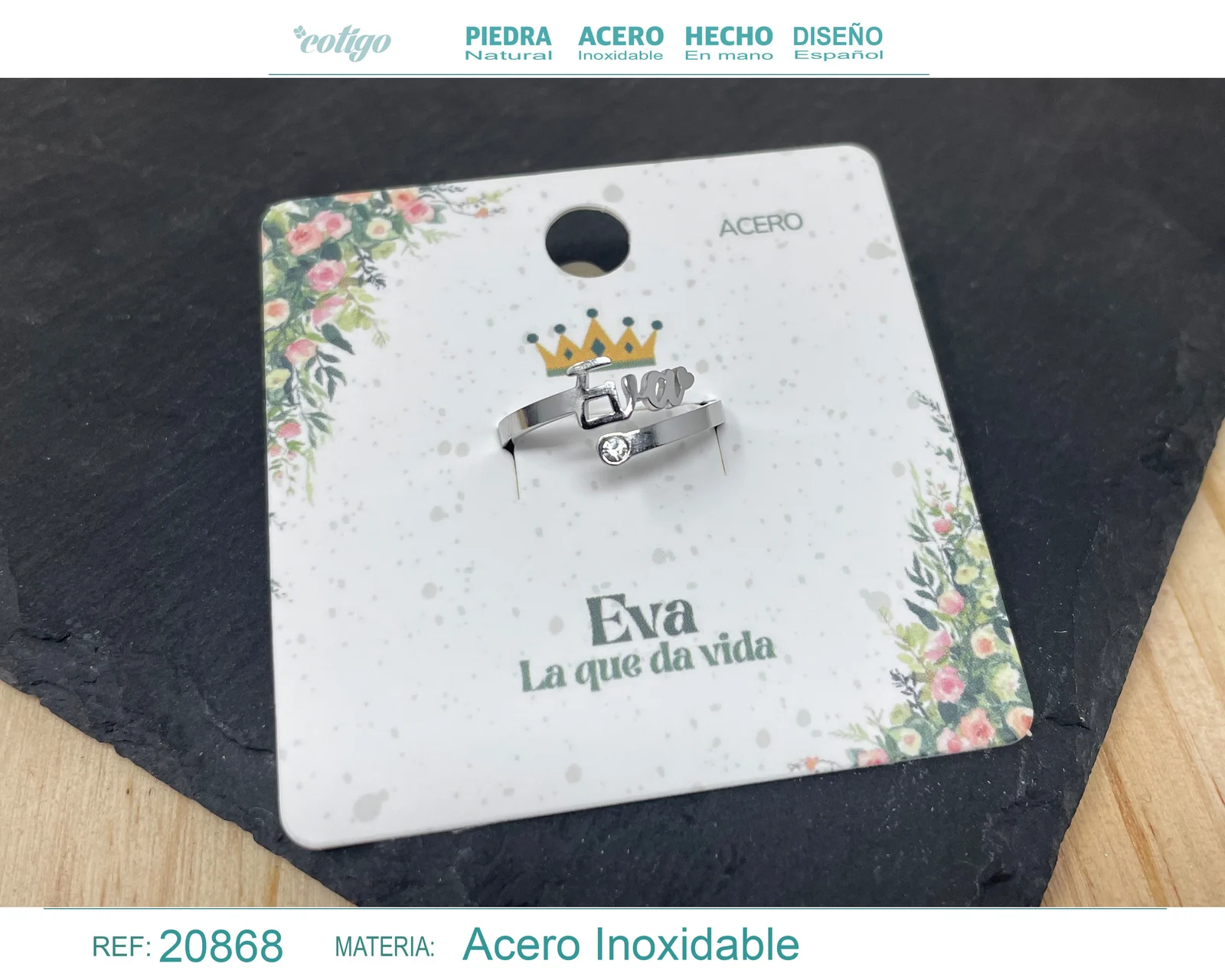 ANILLO NOMBRE EVA ACERO COLOR PLATEADO