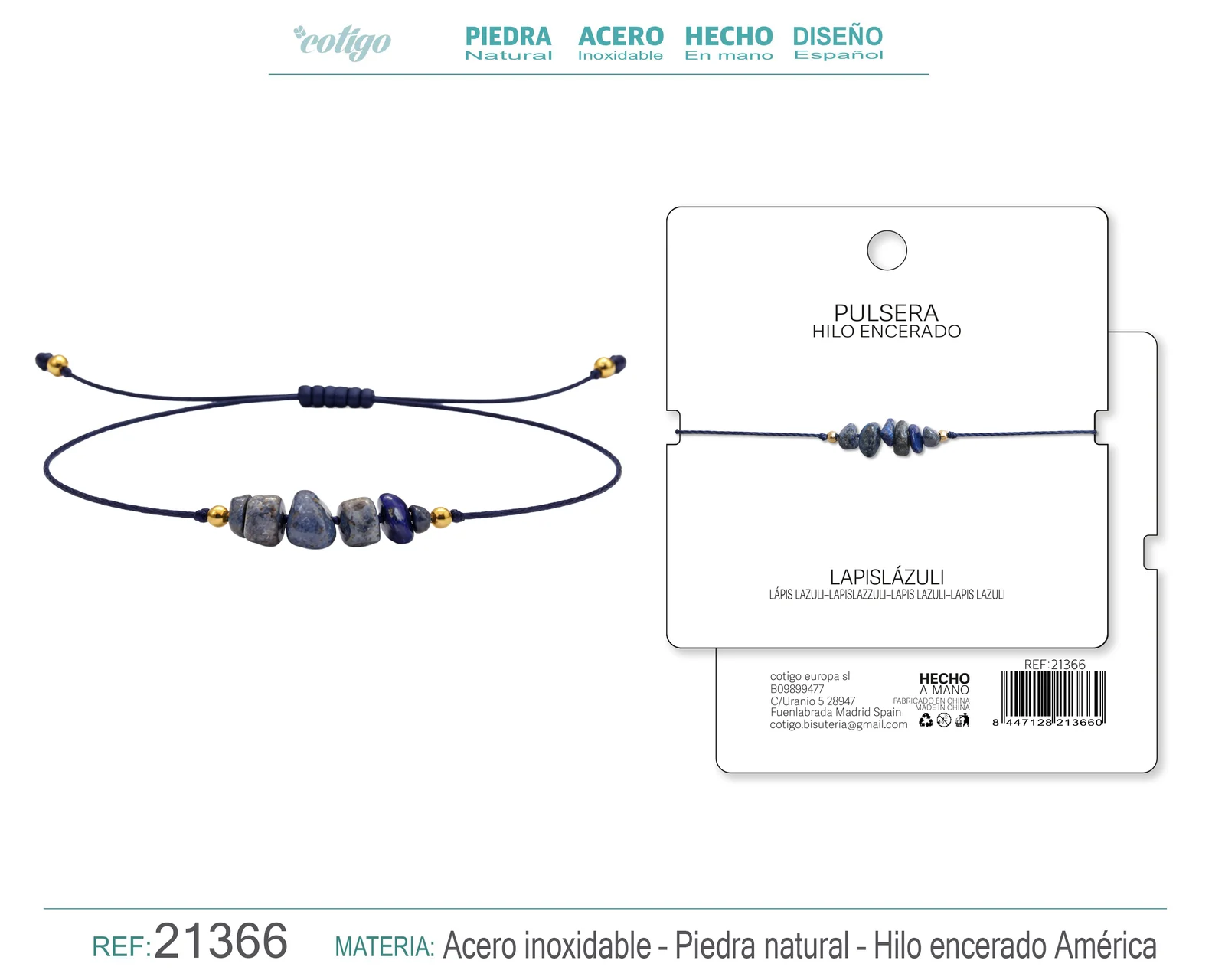 PULSERA HILO ENCERADO CON LAPIZRAZURI