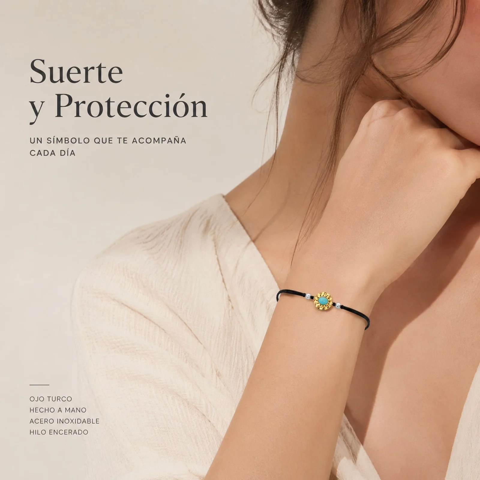Pulsera Hilo encerado Negro CON OJO TURCO Dorado
