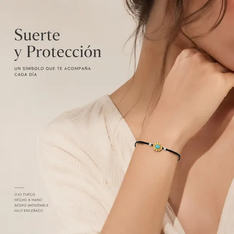 Pulsera Hilo encerado Negro CON OJO TURCO Dorado