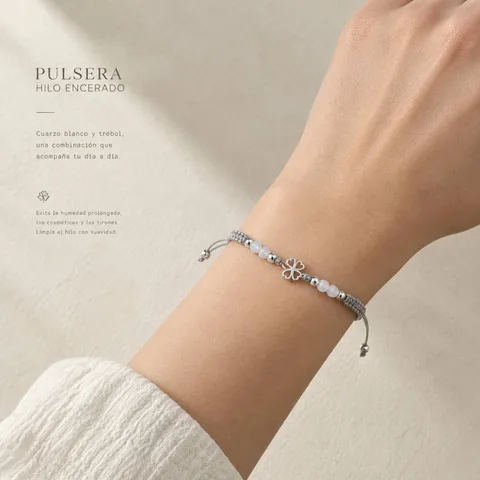 PULSERA HILO ENCERADO CON CUARZO BLANCO Y TRÉBOL DE SUERTE ACERO