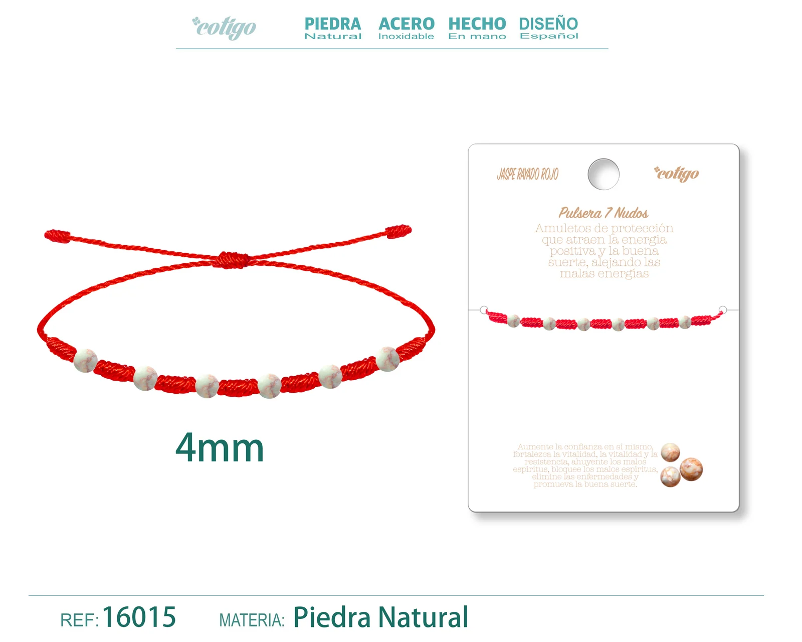 PULSERA 7 NUDOS CON  JASPE RAYADO ROJO 4MM