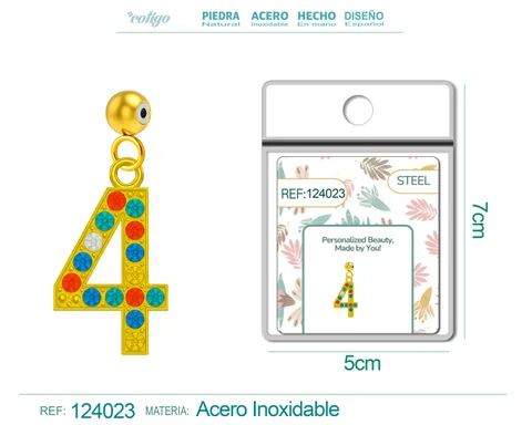 CHARM DE NÚMERO 4 ACERO COLOR DORADO CON CIRCONITA-CON BOLA DE GOMA