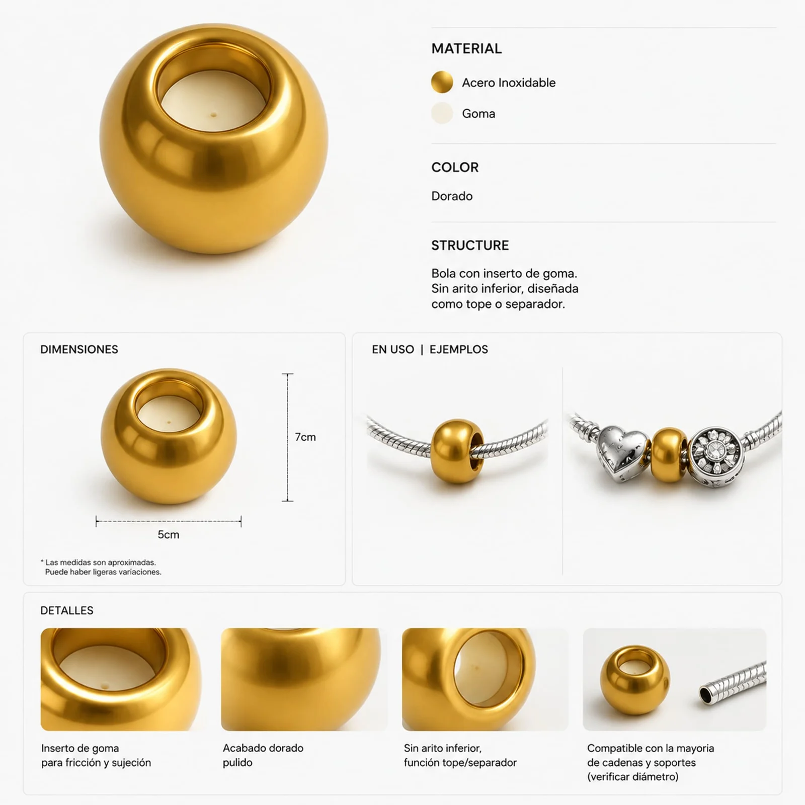 BOLA 4MM ACERO COLOR DORADO CON GOMA PARA FIJAR CHARM
