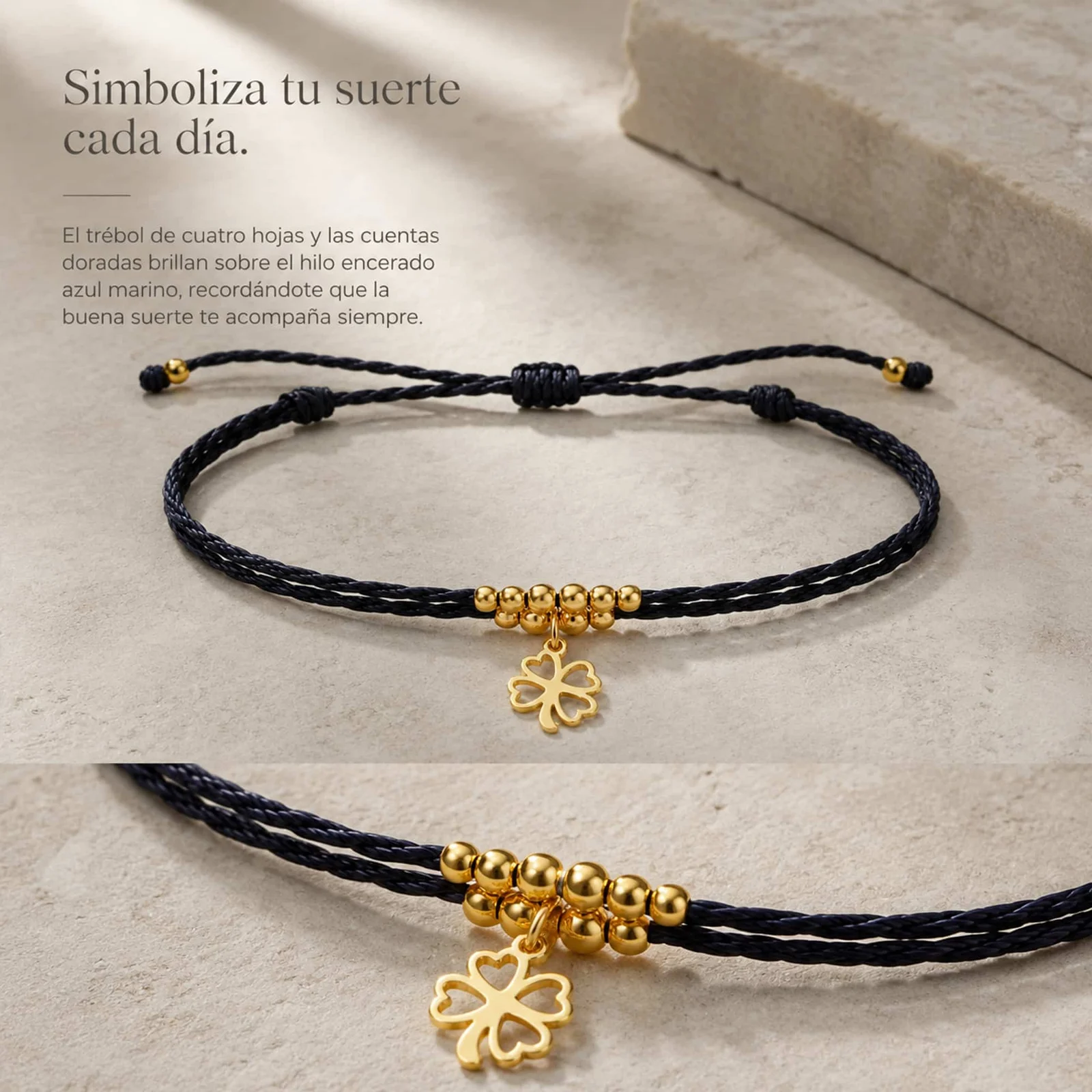 PULSERA HILO ENCERADO CON COLGANTE TRÉBOL ACERO DORADO